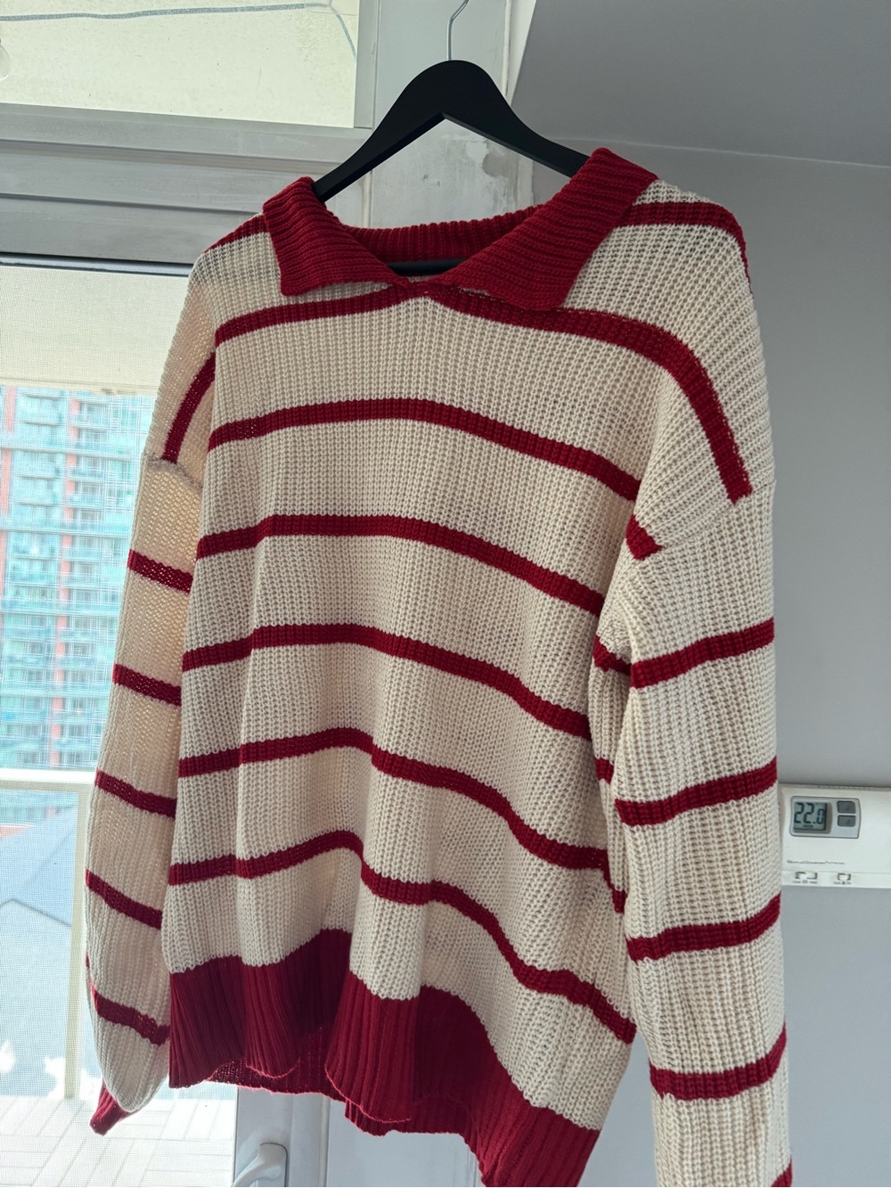 Cream and Red Striped Collar Sweater